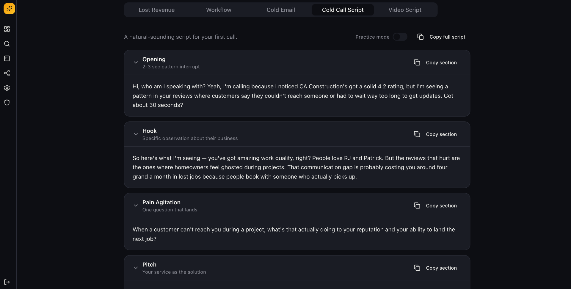 Cold call script tab showing opening, hook, pain agitation and pitch sections