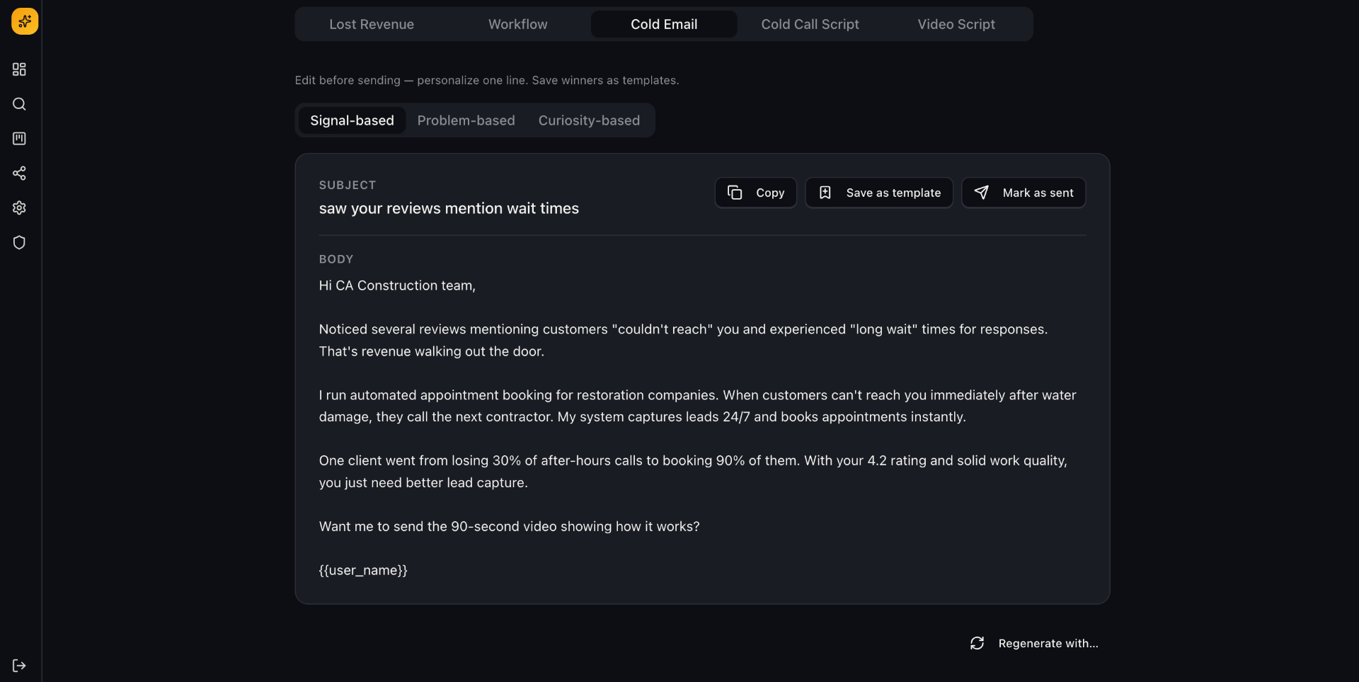 Cold email tab showing a personalized signal-based email for a real prospect